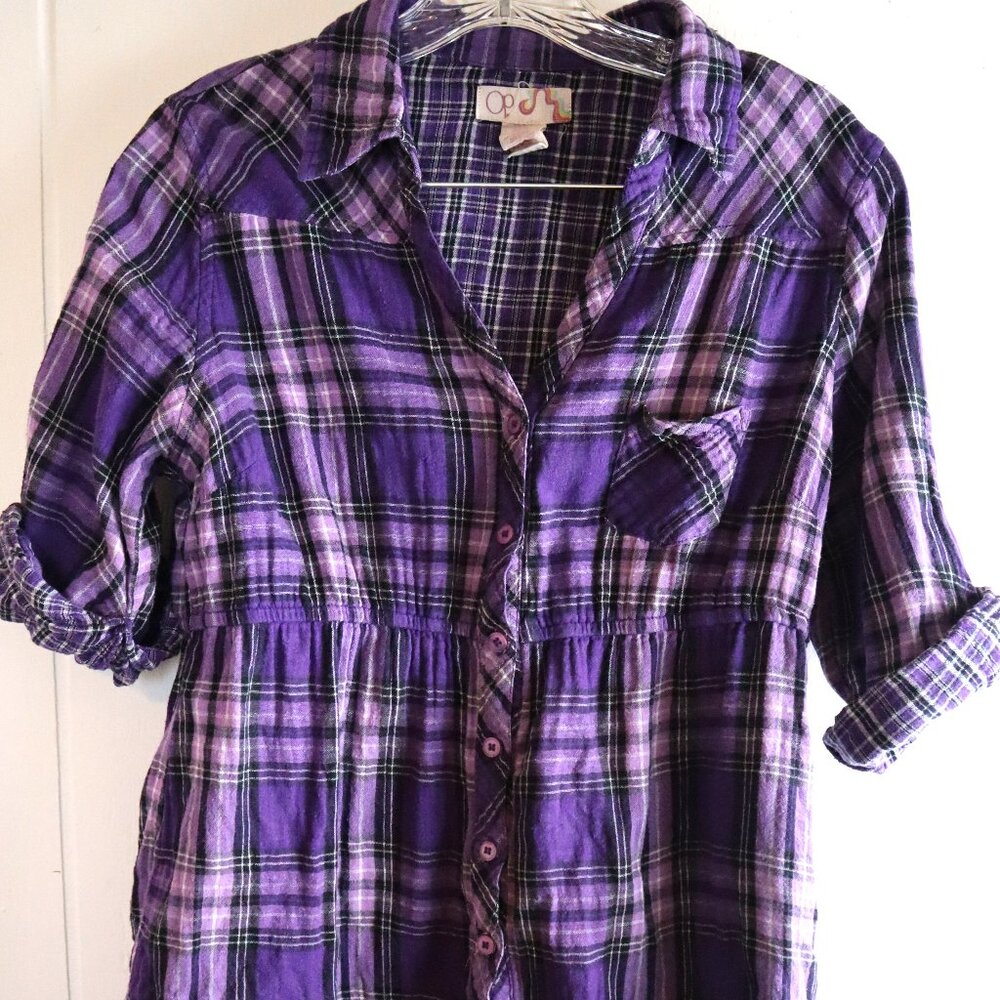 VTG Y2K OP Ocean Pacific Short Sleeve Baby Doll Flannel Shirt Juniors 15/17 XL